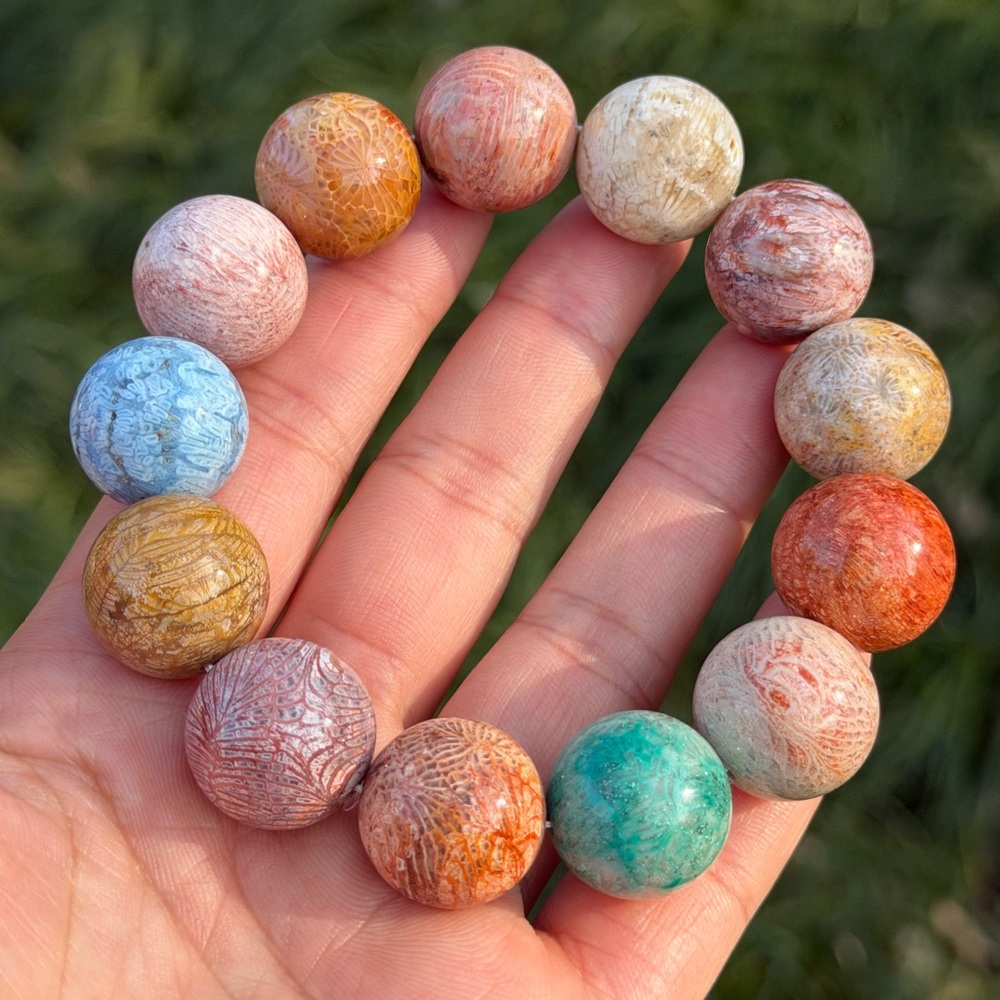 18mm chunky stretchable rainbow color‎ coral jade bracelet 1186